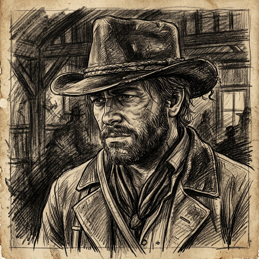 Arthur Morgan hand-drawn charcoal sketch